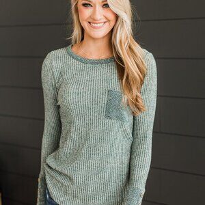 Staccato Two-Tone Hunter Green Ribbed Knit Pocket Sweater Women's Size Large